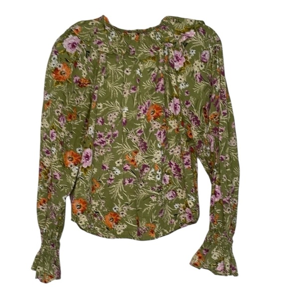 Anthropologie Gorgeous Green Floral Blouse with Tie Front, Ruffles, Bell Cuffs - Picture 3 of 9